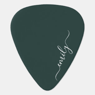 Dark Green Modern Script Monogram Name Guitar Pick