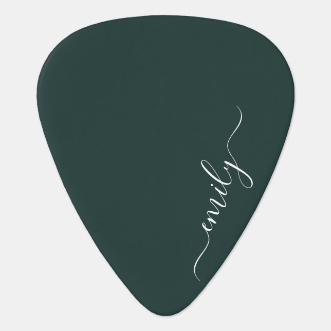 Dark Green Modern Script Monogram Name Guitar Pick (Front)