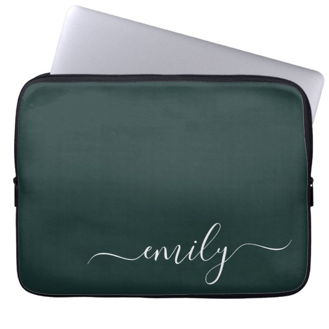 Dark Green Modern Script Monogram Name Laptop Sleeve (Front)