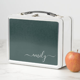 Dark Green Modern Script Monogram Name Metal Lunch Box