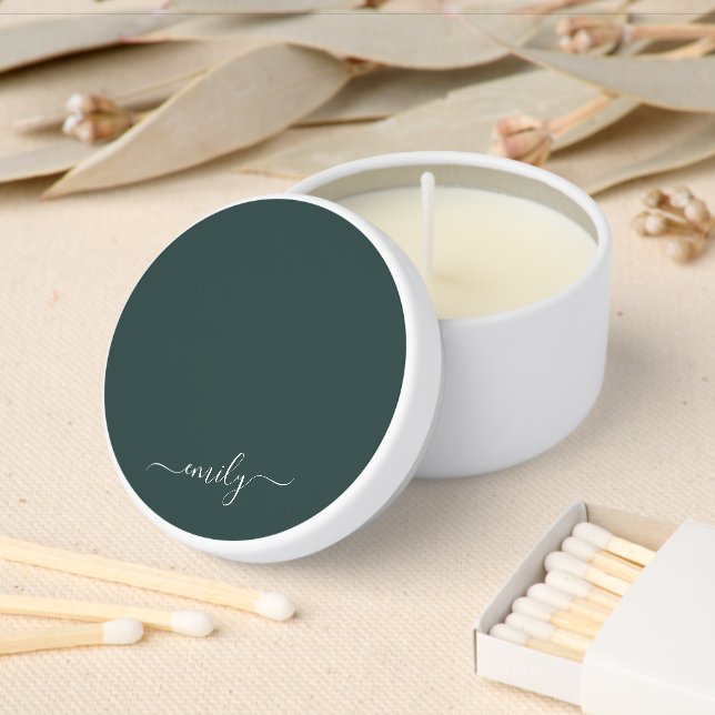 Dark Green Modern Script Monogram Name Mini Candle Favors (Insitu)