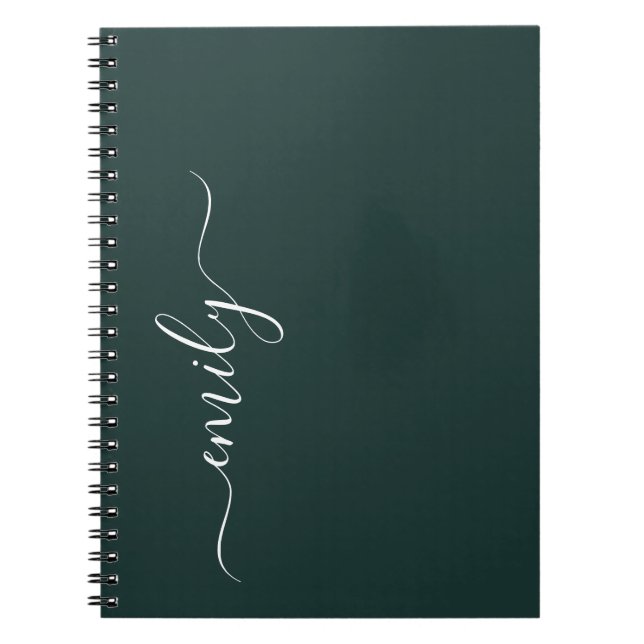 Dark Green Modern Script Monogram Name Notebook (Front)