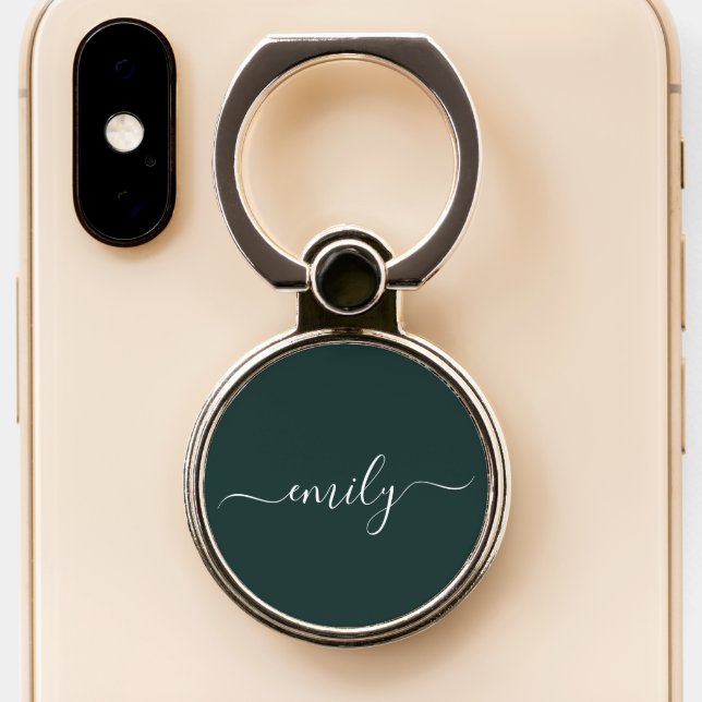 Dark Green Modern Script Monogram Name Phone Ring Stand (Close Up)