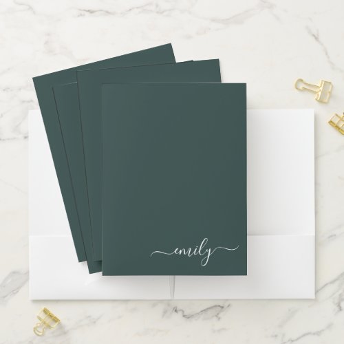 Dark Green Modern Script Monogram Name Pocket Folder