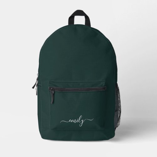 Dark Green Modern Script Monogram Name Printed Backpack