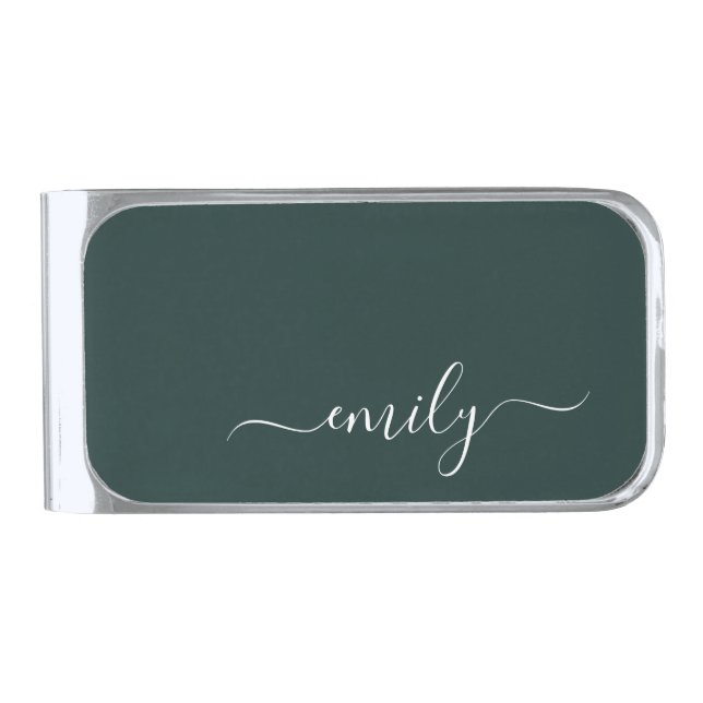 Dark Green Modern Script Monogram Name Silver Finish Money Clip (Front)