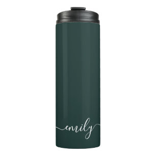 Dark Green Modern Script Monogram Name Thermal Tumbler