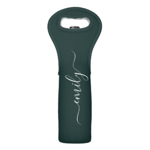 Dark Green Modern Script Monogram Name Wine Bag