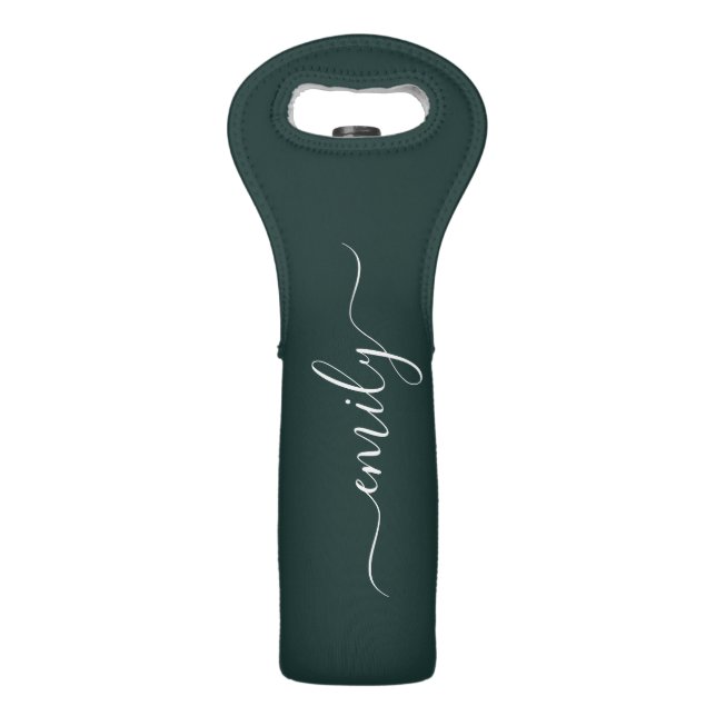 Dark Green Modern Script Monogram Name Wine Bag (Front)
