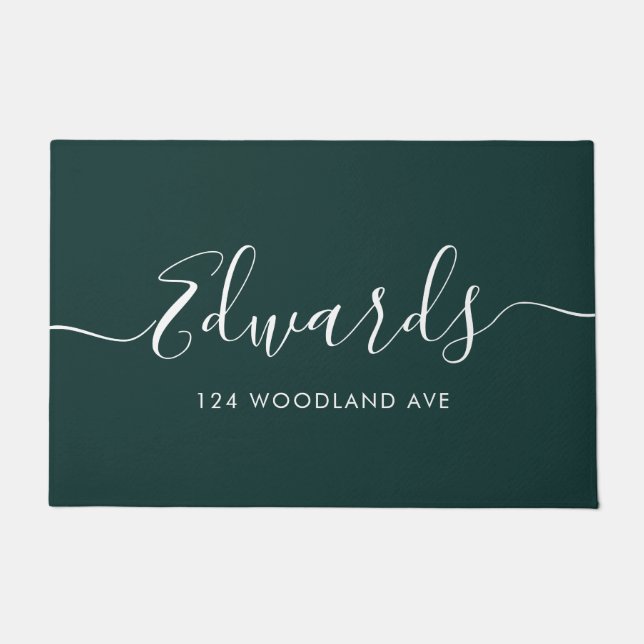 Dark Green Modern Script Personalized Doormat (Front)