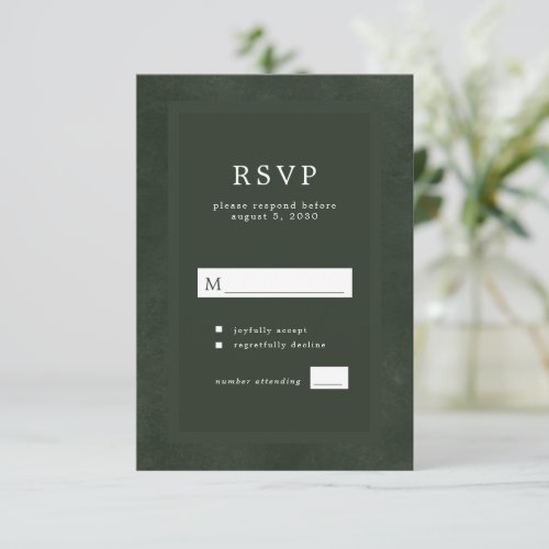 Dark green modern typography elegant wedding RSVP card