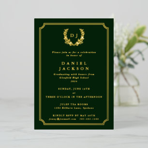 Dark Green Monogram + Laurel Wreath Graduation Foil Invitation