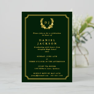 Dark Green Monogram + Laurel Wreath Graduation Foil Invitation