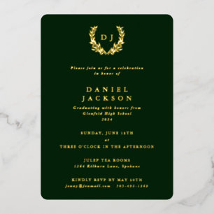 Dark Green Monogram + Laurel Wreath Graduation Foil Invitation