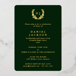 Dark Green Monogram + Laurel Wreath Graduation Foil Invitation