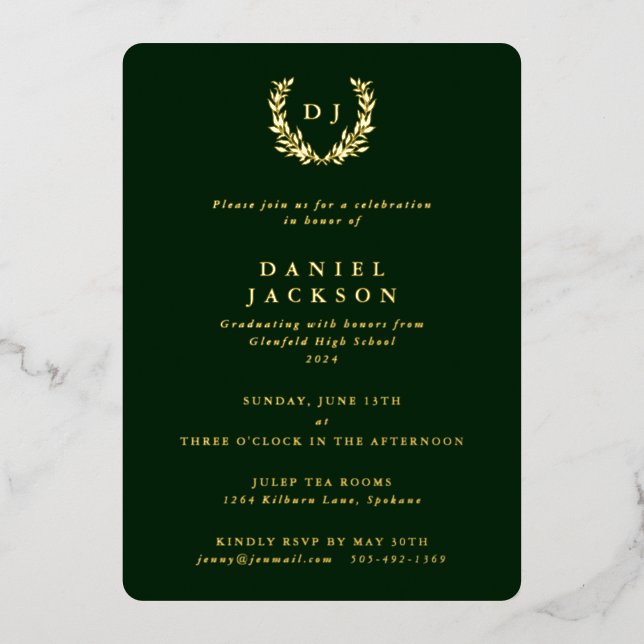Dark Green Monogram + Laurel Wreath Graduation Foil Invitation (Front)
