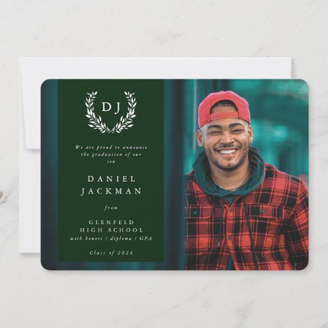 Dark Green Monogram Laurel Wreath Graduation Photo Announcement (Front)
