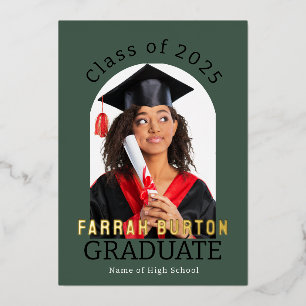  Dark Green Moody Arched Custom Photo Graduation Foil Invitation