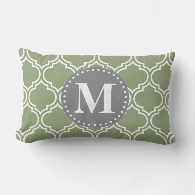 Dark Green Moroccan Lattice Pattern Monogram Lumbar Pillow (Front)