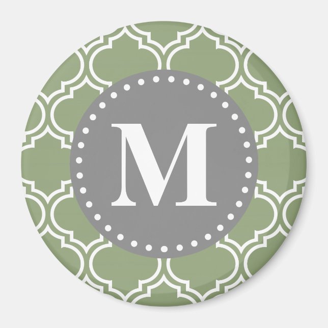 Dark Green Moroccan Lattice Pattern Monogram Magnet (Front)