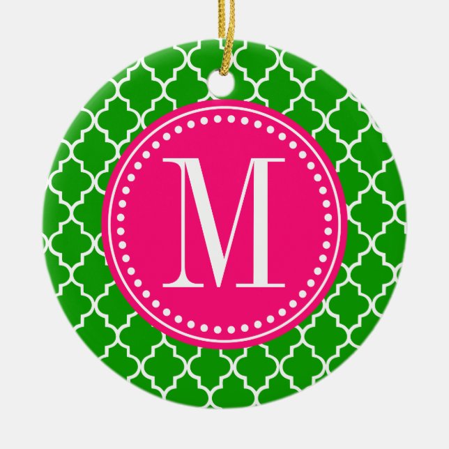 Dark Green Moroccan Tiles Lattice Personalized Ceramic Ornament (Front)