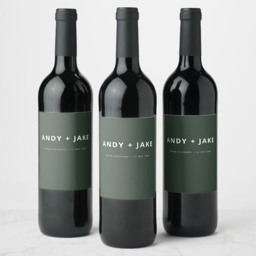 Dark Green  Moss Minimalist Modern Wedding Wine Label