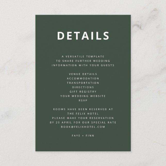 Dark Green | Moss Minimalist Scandi Modern Wedding Enclosure Card (Front)