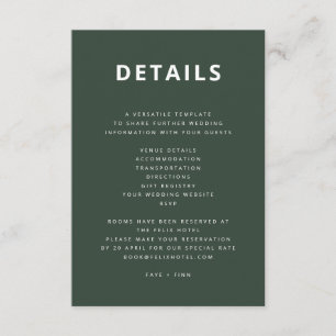 Dark Green   Moss Minimalist Scandi Modern Wedding Enclosure Card