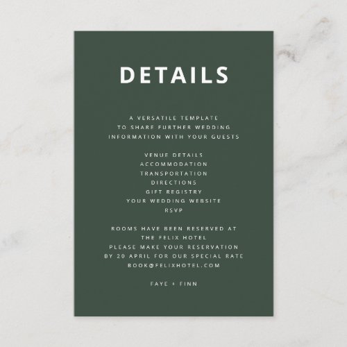 Dark Green  Moss Minimalist Scandi Modern Wedding Enclosure Card