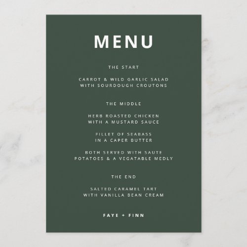 Dark Green  Moss Minimalist Scandi Modern Wedding Menu