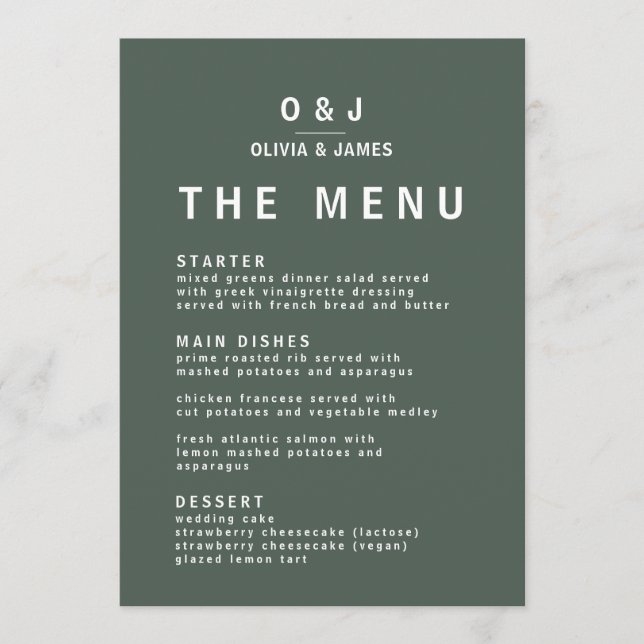 Dark Green | Moss Minimalist Scandi Modern Wedding Menu (Front)