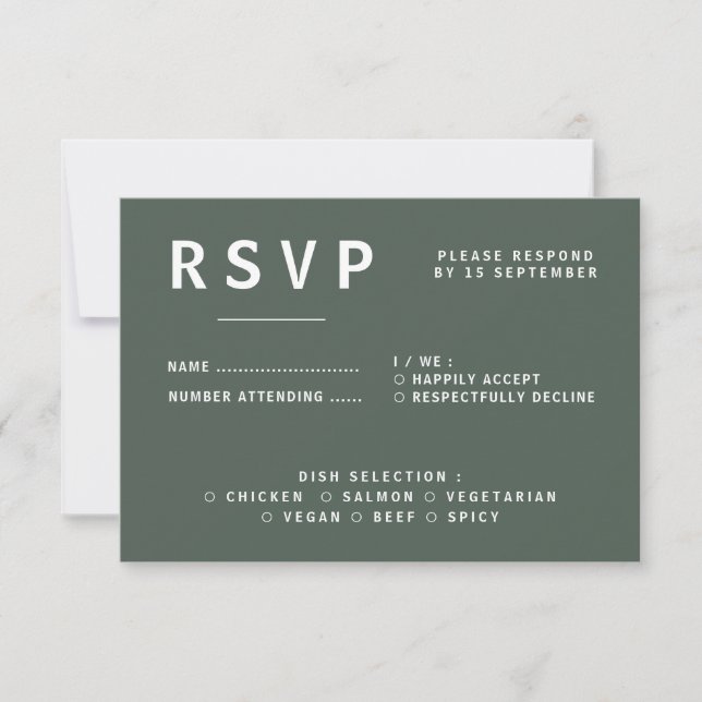 Dark Green | Moss Minimalist Scandi Modern Wedding RSVP Card (Front)