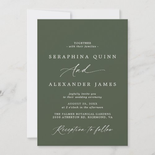 Dark Green Moss  Simple Script Formal Wedding Invitation