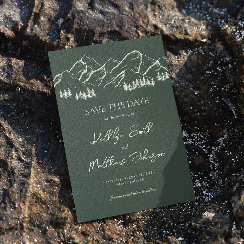 Dark Green Mountain Pine Tree Outdoor Wedding Save The Date