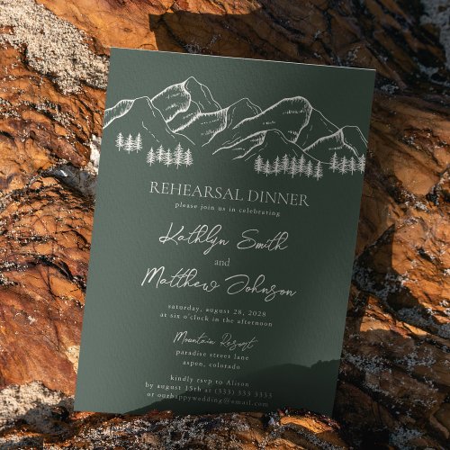 Dark Green Mountain Pine Tree Rehearsal Dinner Invitation