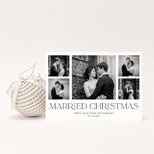 Dark Green Newlywed Christmas Wedding Photo Grid Holiday Card