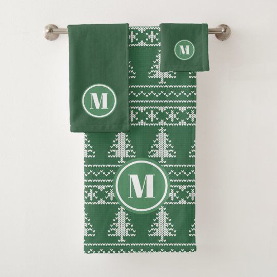 Dark Green Nordic Knit Monogram Christmas Bath Towel Set