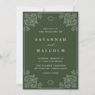 Dark Green Olive Ornate Vintage Style Wedding Invitation
