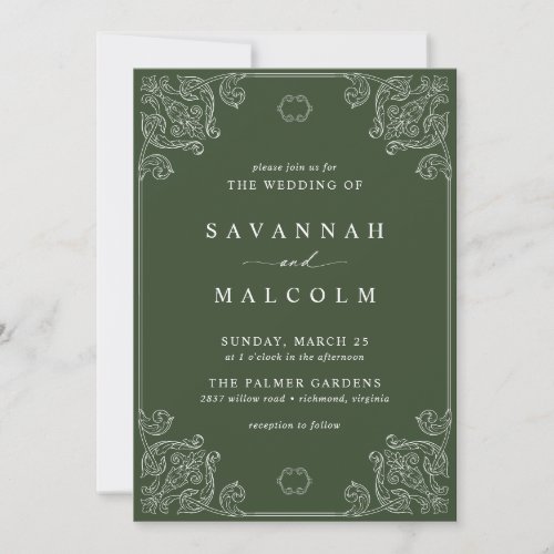 Dark Green Olive  Ornate Vintage Style Wedding Invitation