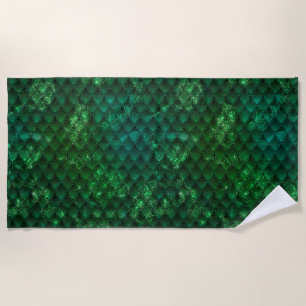 Dark Green Ombre & Sparkles Dragon Scales Beach Towel