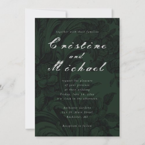 Dark green ornamental elegant script wedding  invitation