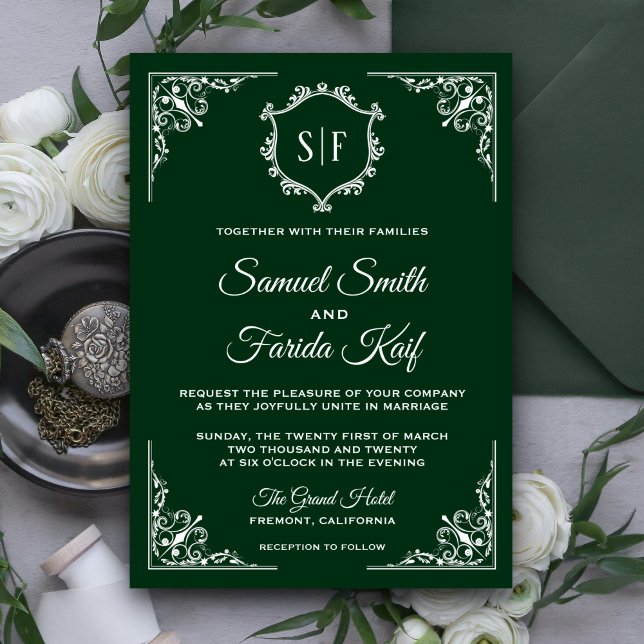 Dark Green Ornate Monogram Wedding Invitation (Creator Uploaded)