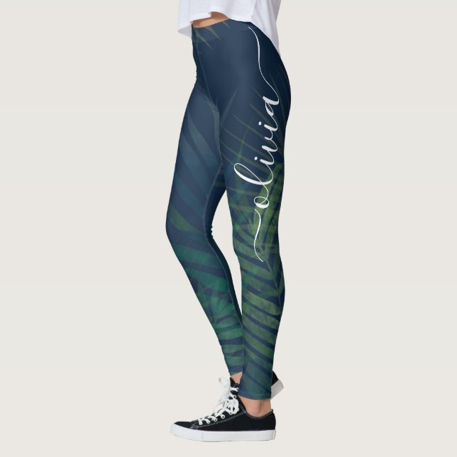 Dark Green Palm Leaf Leggings – Tropical Botanical (Left)
