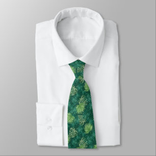 Dark Green Palm Leaf Pattern Tropical Neck Tie
