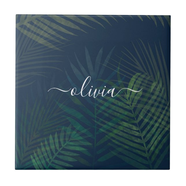 Dark Green Palm Leaves Ceramic Tile – Tropical  (Front)