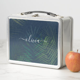 Dark Green Palm Leaves Metal Lunch Box   Tropical 