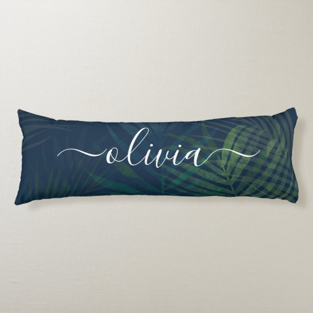 Dark Green Palm Leaves Pattern Body Pillow  (Front)
