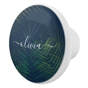 Dark Green Palm Leaves Pattern Ceramic Knob 
