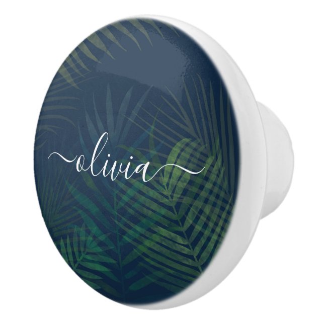 Dark Green Palm Leaves Pattern Ceramic Knob  (Right)
