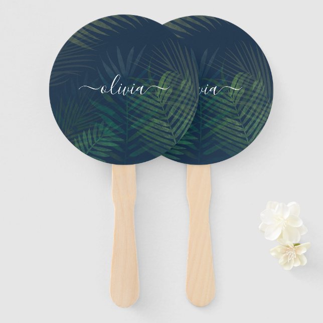 Dark Green Palm Leaves Pattern Hand Fan • Tropical (Front and Back)